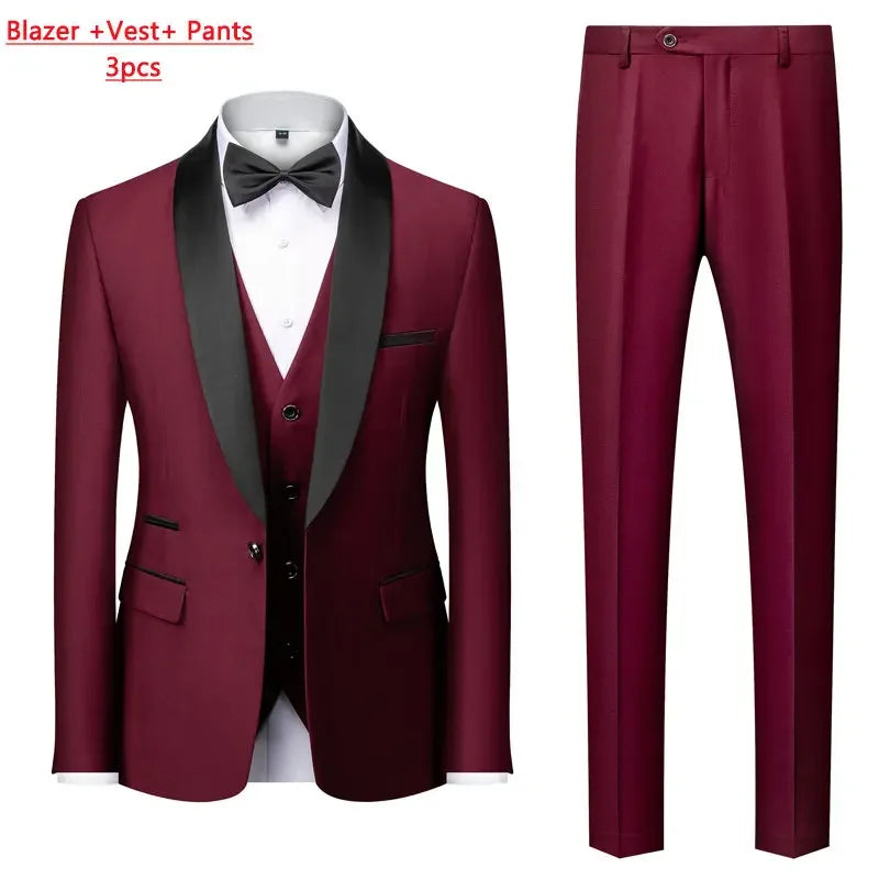 M-6XL Jacket Vest Pants Solid Color Men's Formal Business Office Suit Groom Wedding Dress Party Blazer Waistcoat Trousers Tuxedo