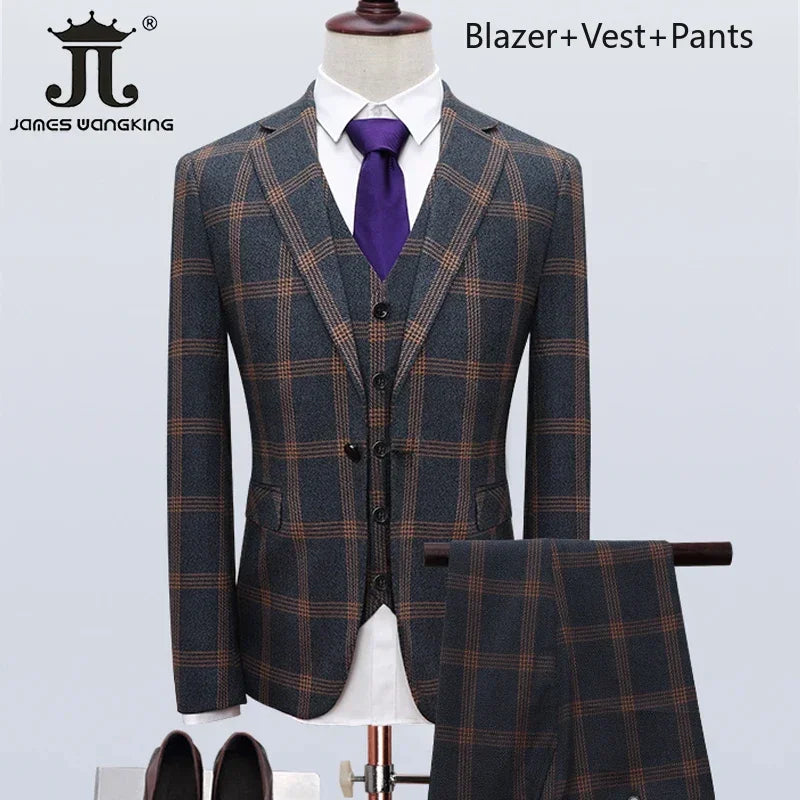 S-5XL ( Blazer + Vest + Pants ) Boutique British Style Mens Suit Plaid Groom Wedding Dress Business Casual Formal Suits 3Pcs Set