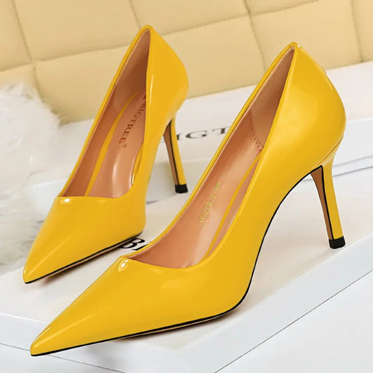 Women 8.5cm High Heels Scarpins Pumps Lady Blue Yellow Silver Glossy Leather Fetish Wedding Bridal Mid Low Heels Party Red Shoes