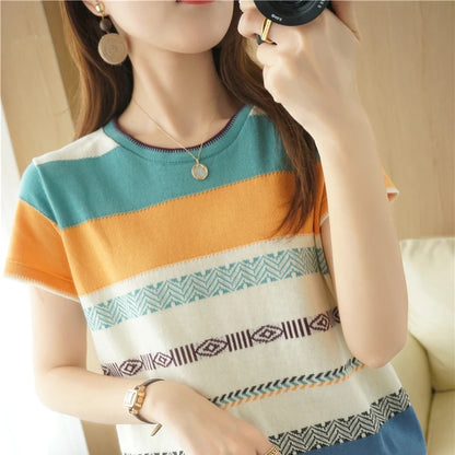 100% Cotton Short-sleeved Tees Summer Ladies O-neck Color-blocking Pullover Vest Stitching Contrast Color Base Knitted T-shirt