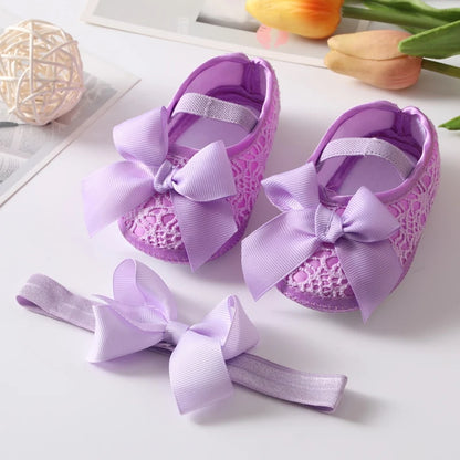 Infant Baby Girl Satin Bowknot Princess Shoes + Headband Set Soft Sole Shoes Lovely Princess Lace Non Slip Walker 0-18M