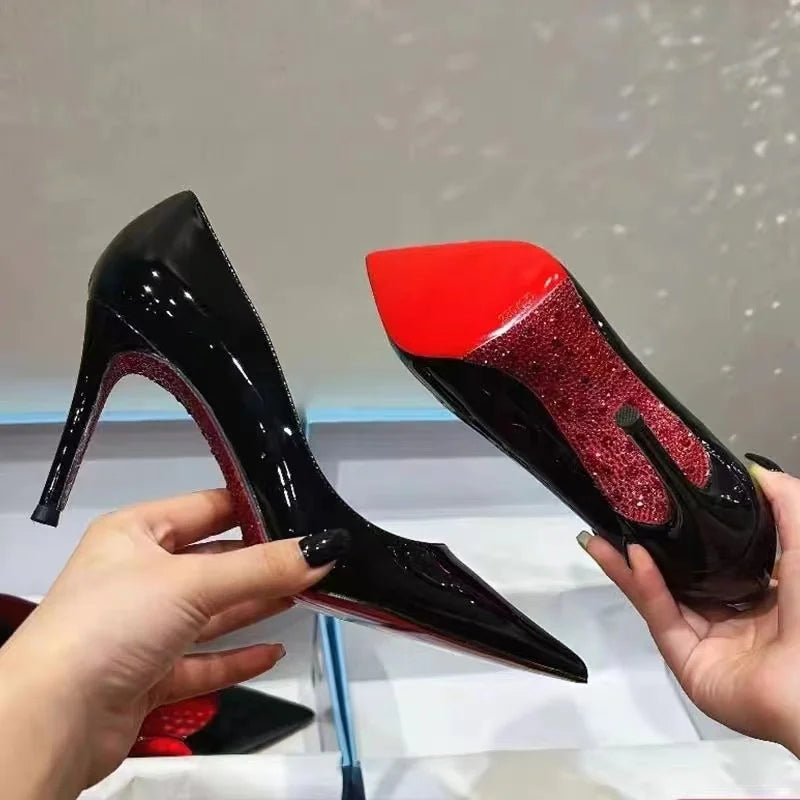 2024 Temperament Fashion Single Shoe Patent Leather Black High Heels Women's Shoes Sexy Shallow Mouth Large Size Women's Shoes