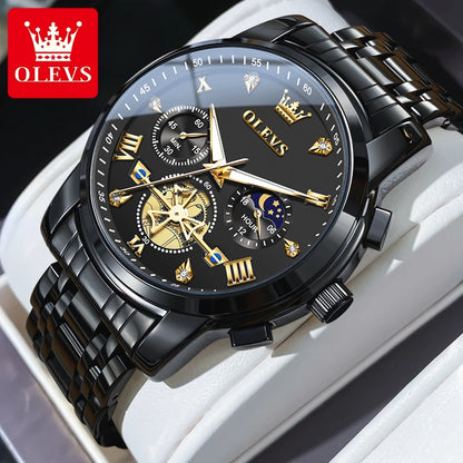 OLEVS Men's Watches Classic Multifunctional Fltwheel Chronograph Original Quartz Wristwatch Moon Phase 24 Hour Waterproof reloj