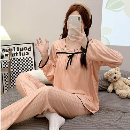 Postpartum woman lactation pajamas set autumn nursing leisurewear cartoon pregnant maternity breastfeeding tops long trousers