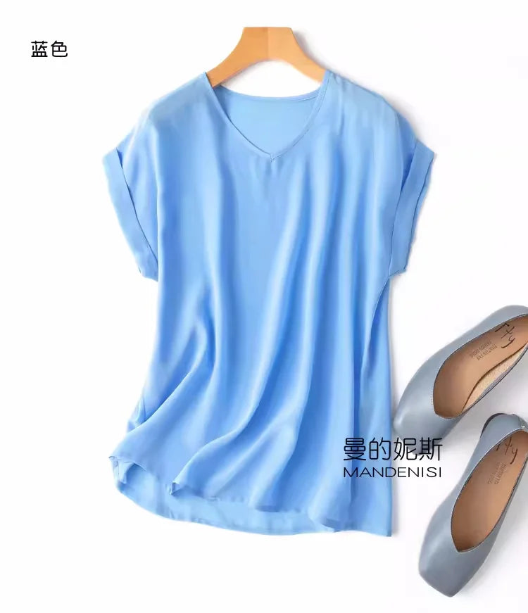 Summer New Arrive High Quality 100% Mulberry Silk Office Lady Blouse Short Sleeved