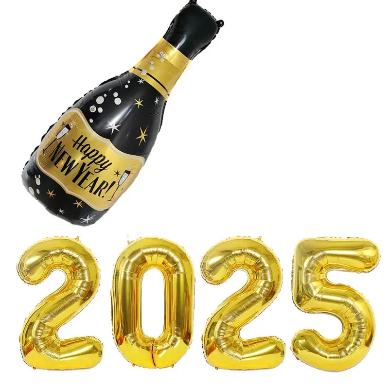 5pcs/set 2025 Aluminum Foil Number Balloon Champagne Bottle 2025 Happy New Year Decorations Balloons Photo Props Digital Ballons