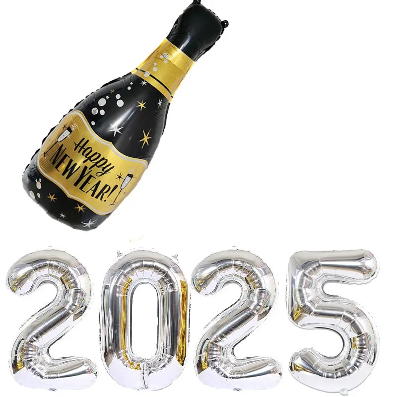 5pcs/set 2025 Aluminum Foil Number Balloon Champagne Bottle 2025 Happy New Year Decorations Balloons Photo Props Digital Ballons