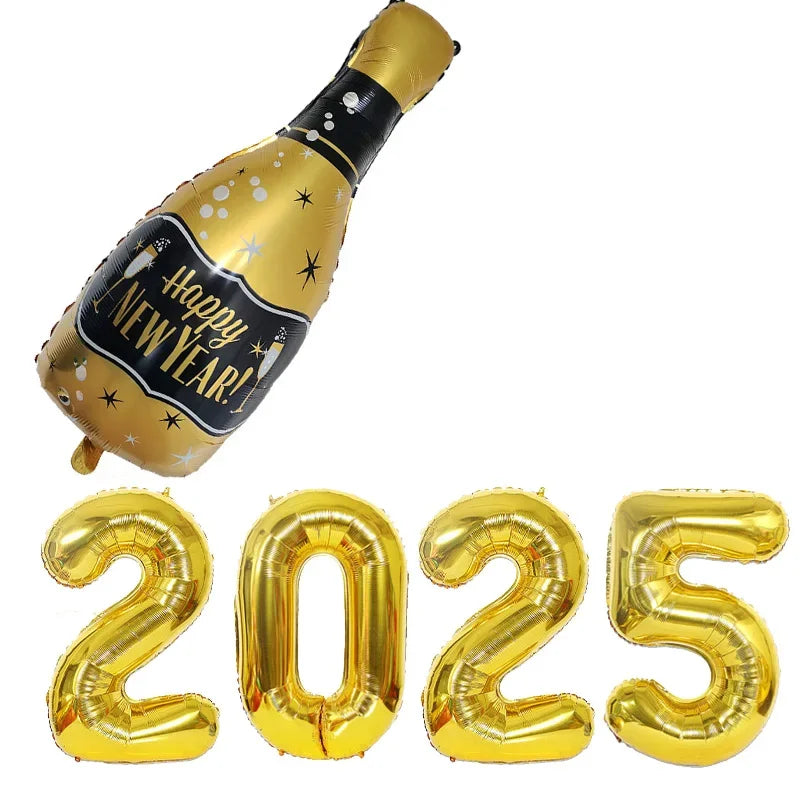 5pcs/set 2025 Aluminum Foil Number Balloon Champagne Bottle 2025 Happy New Year Decorations Balloons Photo Props Digital Ballons