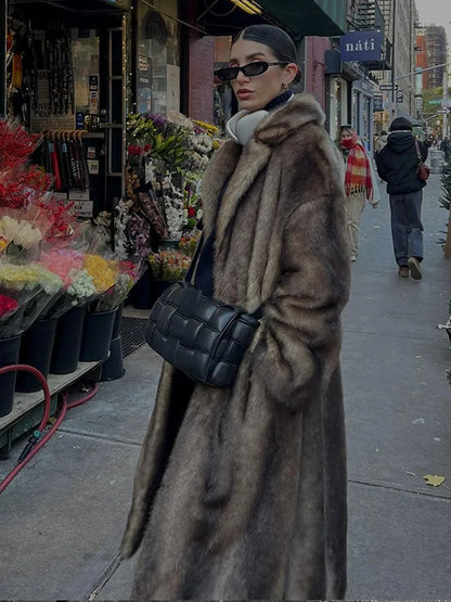 Women's Dark Brown Faux Fur Long Overcoat Single Breasted Fleece Long Trench Coat Winter Fluffy Plush Warm New Thicken Outerwear