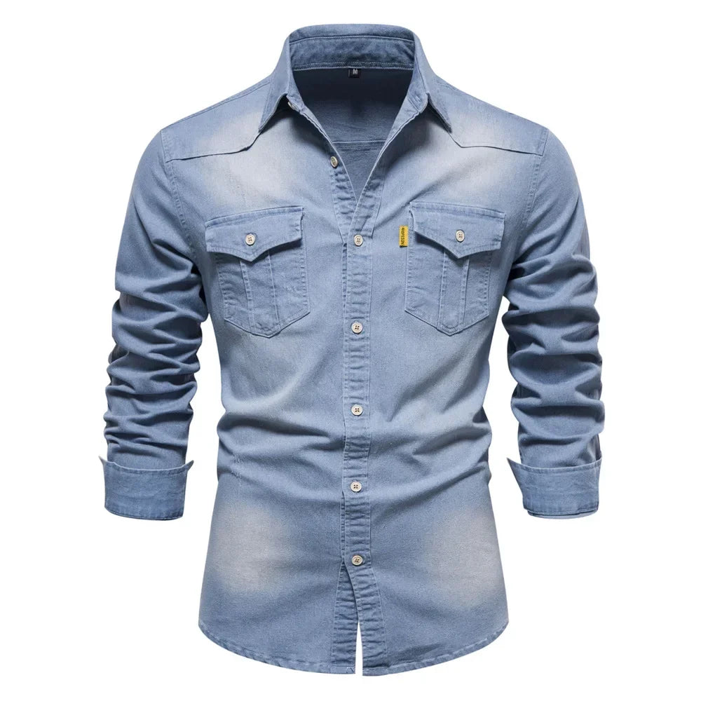 US Size S-5XL Cotton Men's Long-sleeved Washed Denim Shirt Casual All-match Button Solid Color outdoor Shirt Male