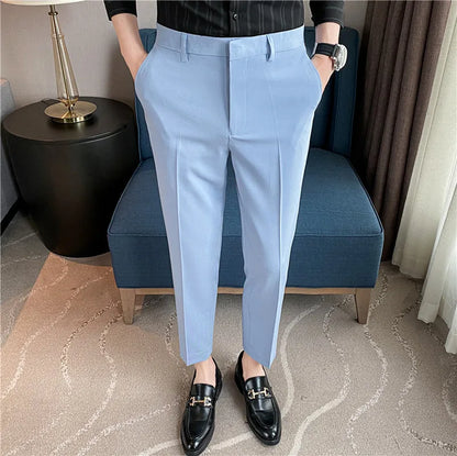 Men's Summer Slim Fit Solid Color Casual Pants Formal Office Business Wedding Social Suit Pants 9 Colors Ankle Long Trousers