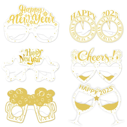 12/6pcs Happy New Year Paper Glasses 2025 Eyeglasses Frame Photo Booth Props New Year's Eve Party Decoration Christmas Supplies