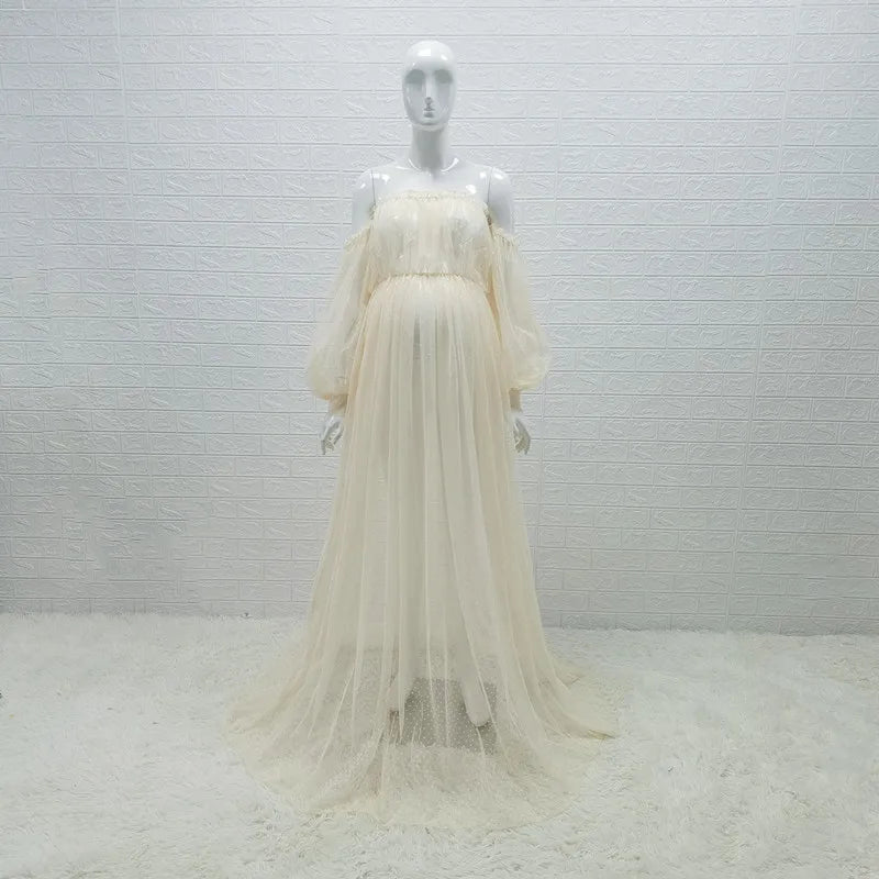 White Dot Tulle Maternity Photography Props Dress See Through Maternity Photo Shoot Tulle Long Dress Lantern Sleeve