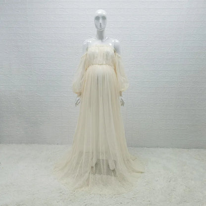 White Dot Tulle Maternity Photography Props Dress See Through Maternity Photo Shoot Tulle Long Dress Lantern Sleeve