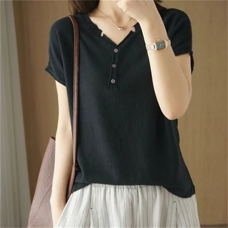 Summer 100% Cotton T-shirt Women Clothing Korean Style V-neck Short Sleeve T-shirts Woman Solid Casual Basic Shirt Lady Tops