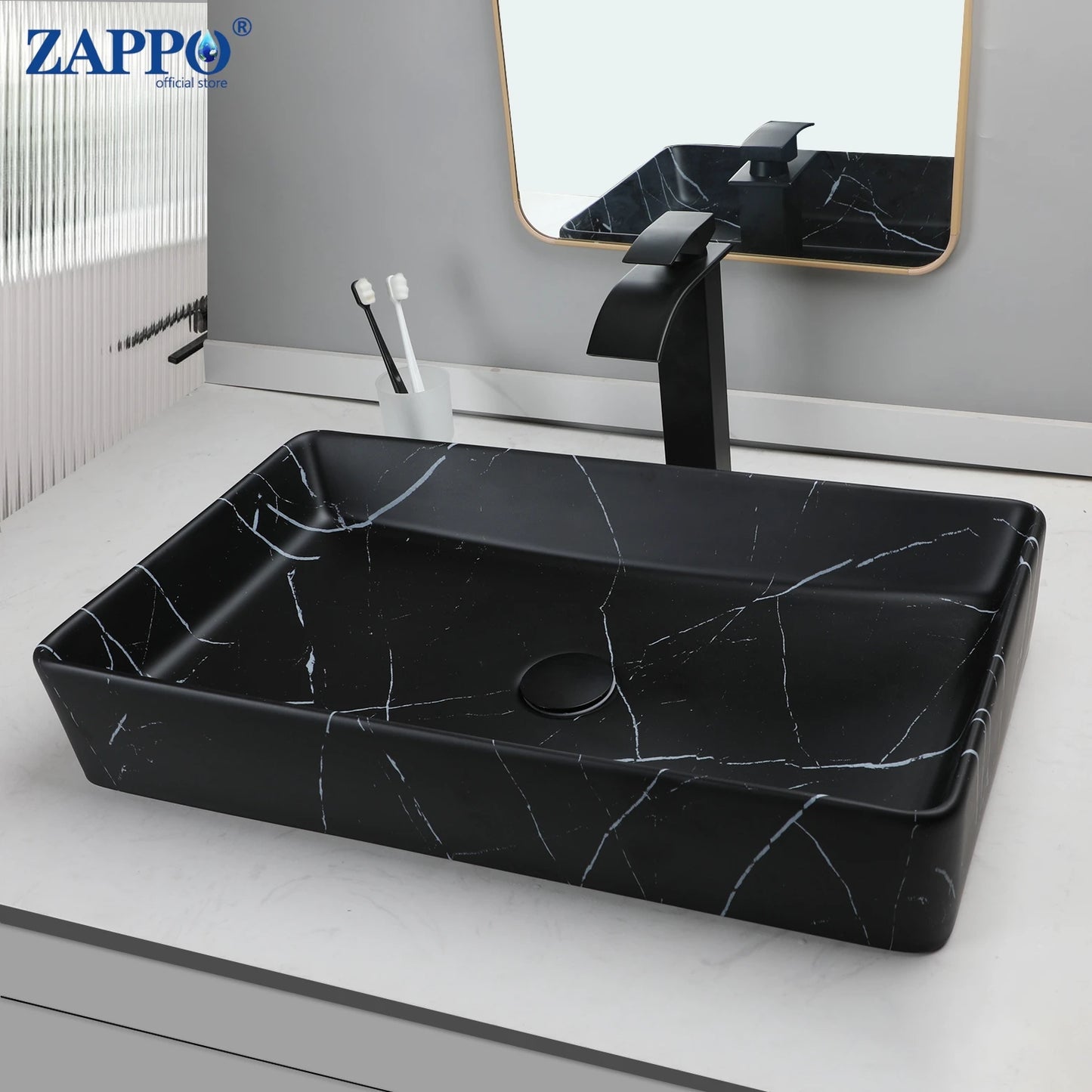 ZAPPO Rectangle Marble Bathroom Vessel Sink Above Counter Bowl Sinks for Bathrooms Porcelain Vessel Sink with Faucet and Drain