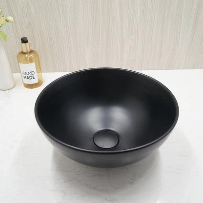 SINLAKU Polish White & Black Round Ceramic Basin Sink Bathroom Washbasin Matte Black Finish Deck Mount Ceramic Sink W/ Pop Drain