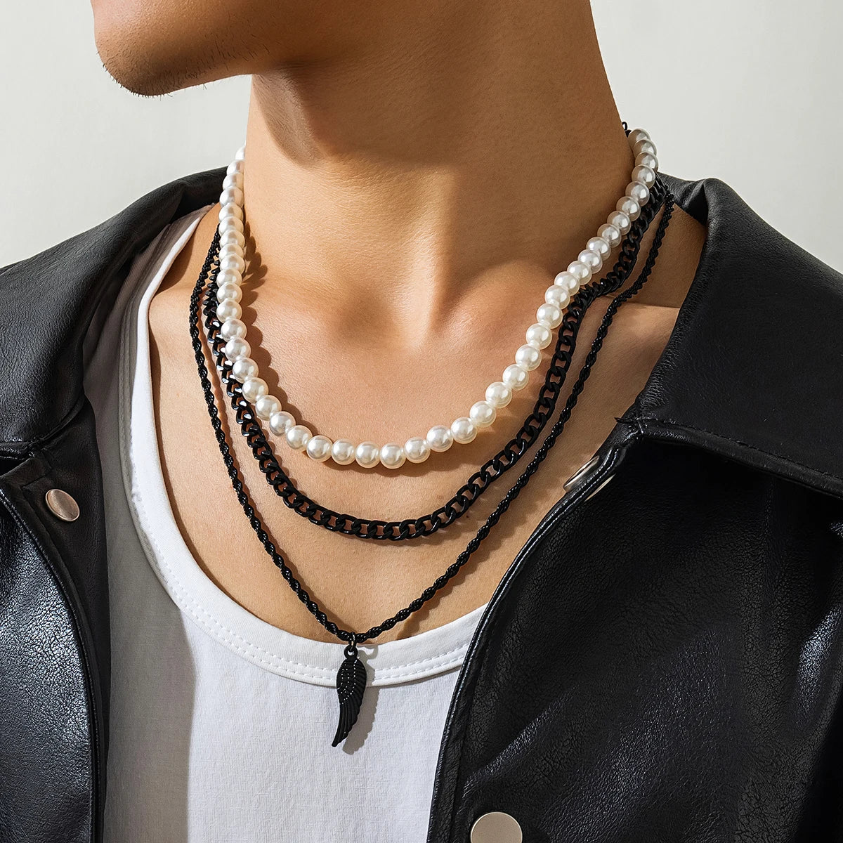 KunJoe Hip Hop Black Chain Pendant Choker Imitation Pearl Necklace for Men Punk Jewelry Rapper Collar On The Neck Street Club