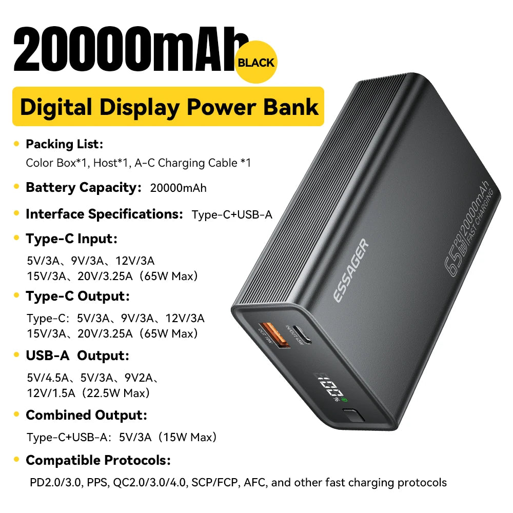 Essager Power Bank 20000mAh Portable PD 65W Fast Charging Mobile Phone External Battery Powerbank For Phone Laptop Tablet Mac