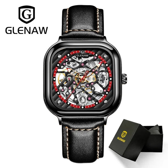 GLENAW Mechanical Watch for Men Breathable Leatherstainless Steel Automatic Skeleton Mens Watches Top Brand Luxury Reloj Hombre