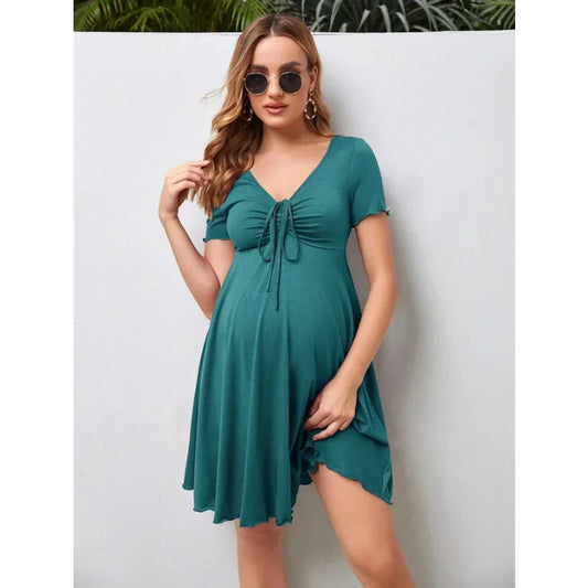 Maternity Dresses Summer Pure Colour V-neck Women Dress Loose Plus Size Pregnant Skirts Casual Clothing 2024 New Hot