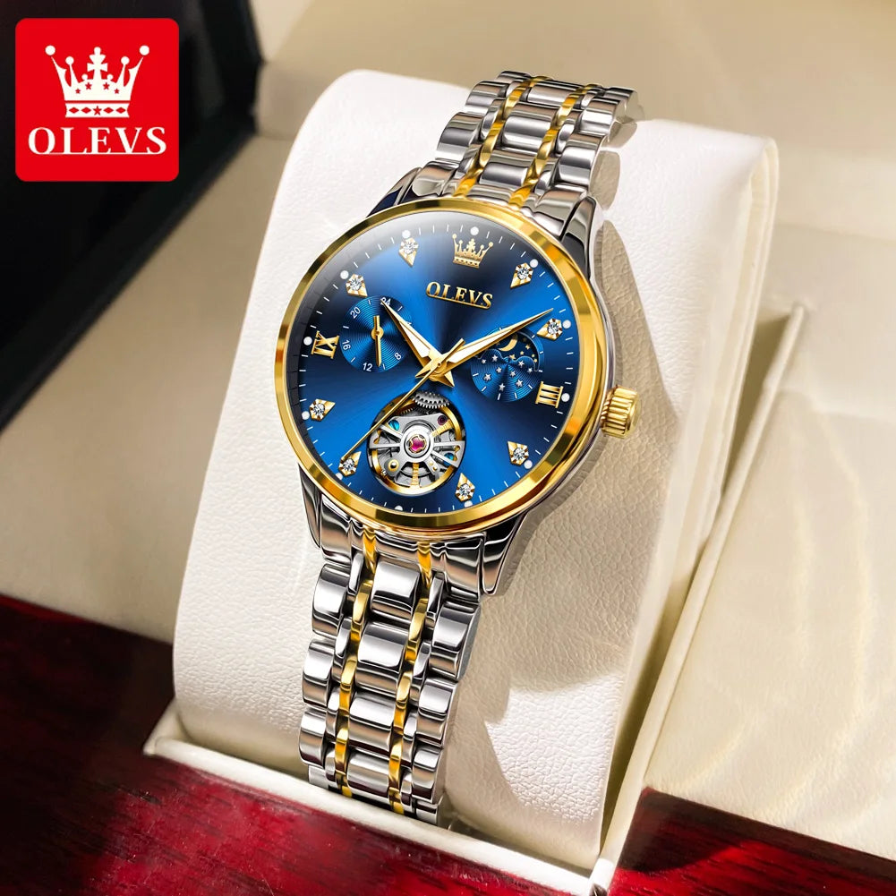 OLEVS Automated Mechanical Women's Watch Skeleton Hollow Moon Phase Date Display Elegant Luxury Watch for Ladies Original