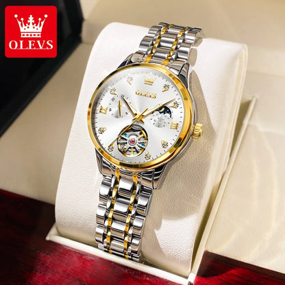 OLEVS Automated Mechanical Women's Watch Skeleton Hollow Moon Phase Date Display Elegant Luxury Watch for Ladies Original