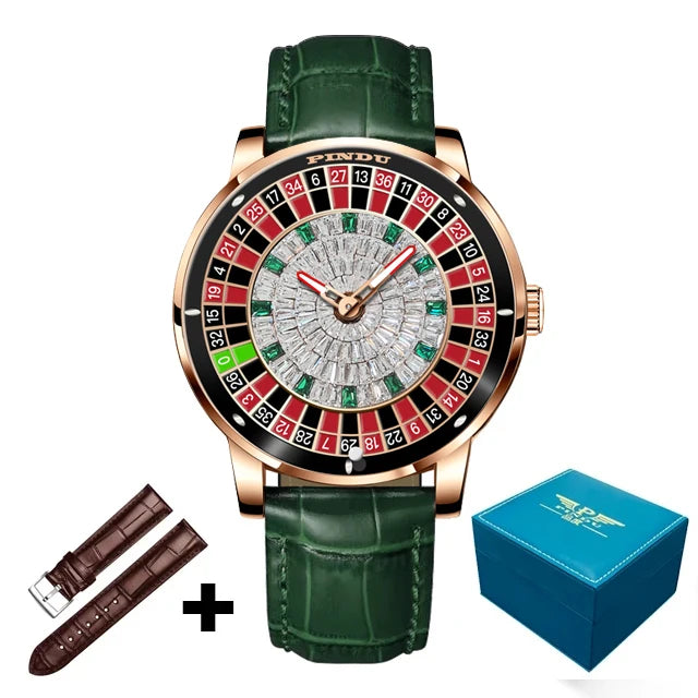 PINDU Design New Mechanical Watch NH35 Rotating Dial Las Vegas Roulette Desktop Theme Automatic Watch Men Diamond Luminous Hands