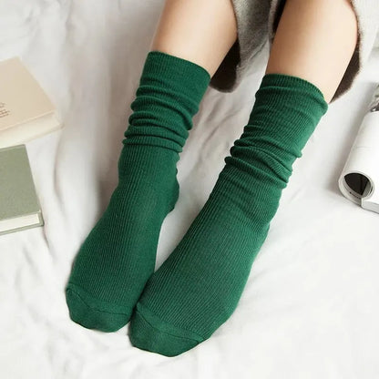 CHAOZHU Japanese Korean High School Girls High Socks Loose Solid Colors Double Needles Knitting Cotton Long Socks For Women