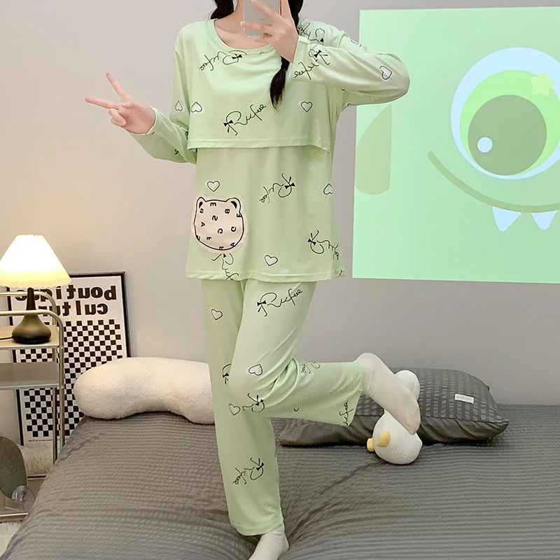 Postpartum woman lactation pajamas set autumn nursing leisurewear cartoon pregnant maternity breastfeeding tops long trousers