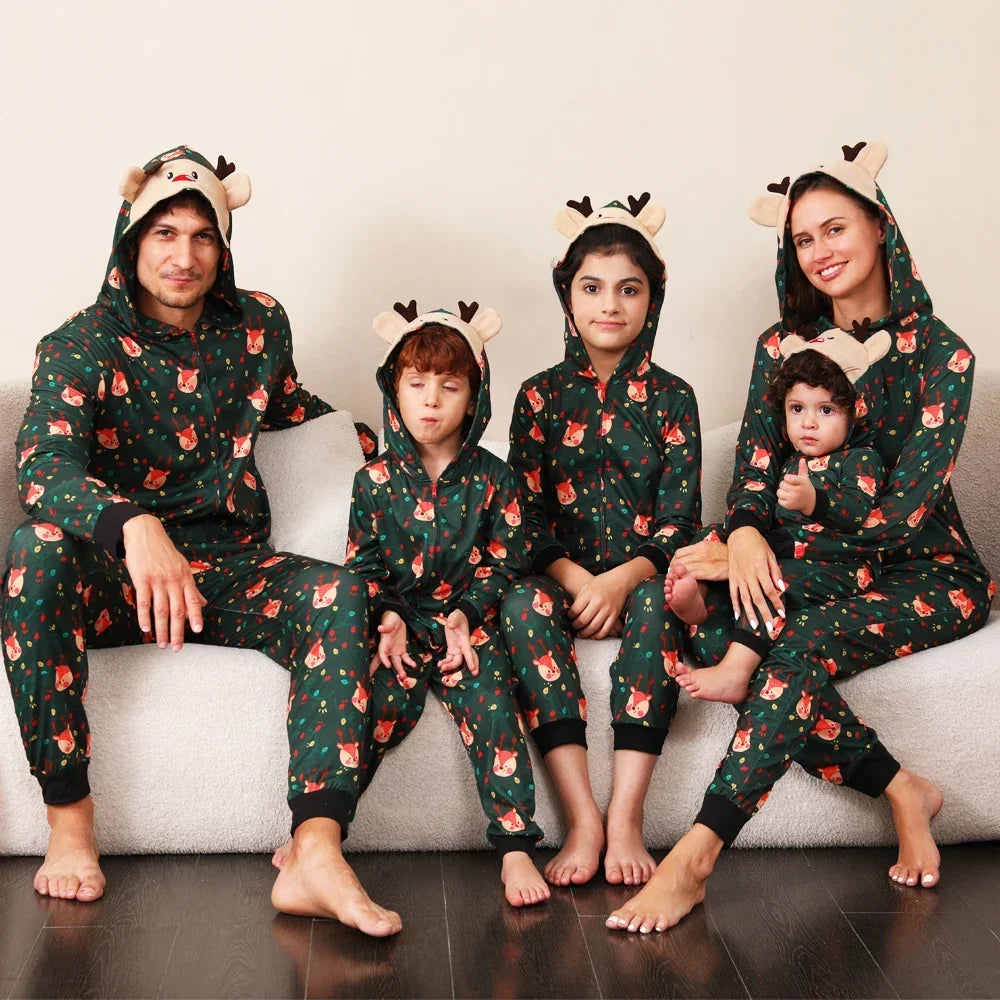 2024 Christmas Family Matching Outfit Cute Deer Ear Hooded Zipper Romper Cute One-Piece Jumpsuit Allover Print Pajamas Xmas Look