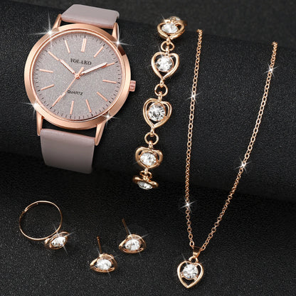 Women's Watch Fashion Matte Dial Casual Leather Band Quartz Watch with Diamond Heart Jewelry Set（Without Box）