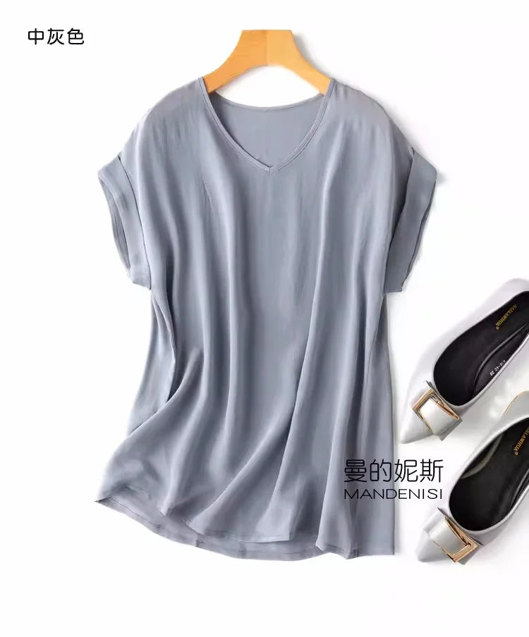 Summer New Arrive High Quality 100% Mulberry Silk Office Lady Blouse Short Sleeved