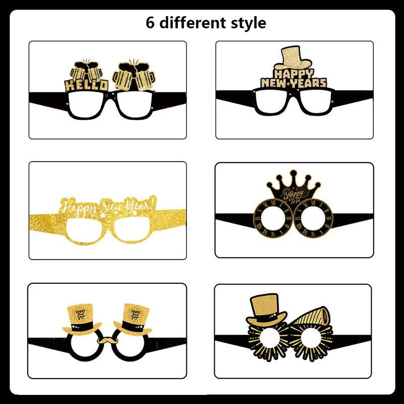 12/6pcs Happy New Year Paper Glasses 2025 Eyeglasses Frame Photo Booth Props New Year's Eve Party Decoration Christmas Supplies