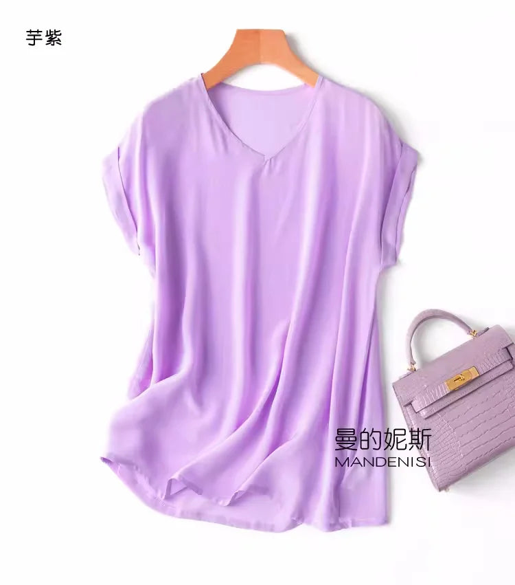 Summer New Arrive High Quality 100% Mulberry Silk Office Lady Blouse Short Sleeved