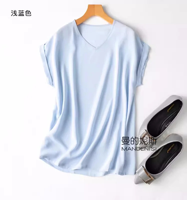 Summer New Arrive High Quality 100% Mulberry Silk Office Lady Blouse Short Sleeved