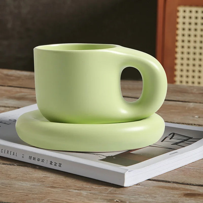 1set 400ml Ceramic Coffee Chubby Mug Saucer Set Creative Cute Fat Handle Cup With Saucer For Office And Home Room Decor