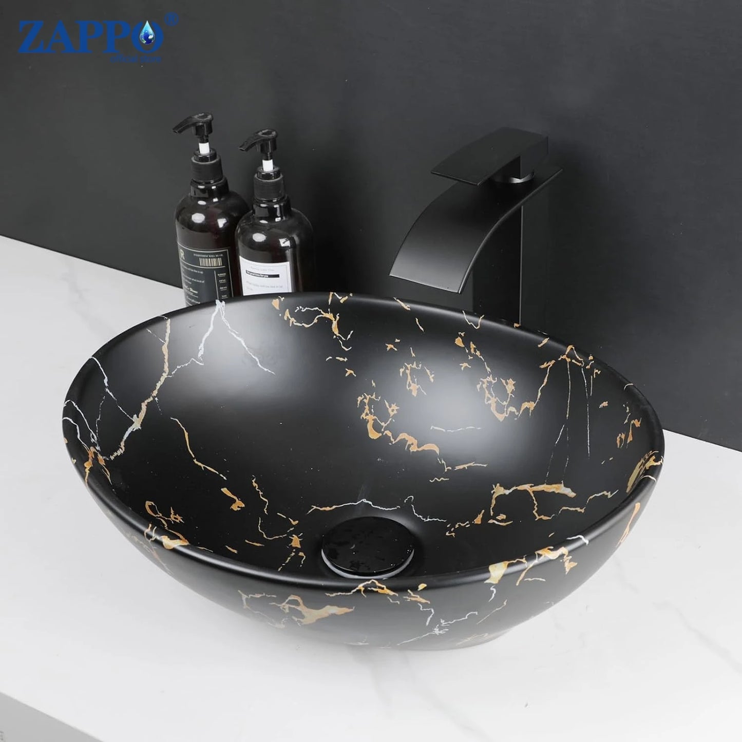 ZAPPO Marbling Rectangle Vessel Sink with Faucet Drain Ceramic Vessel Sinks Oval Bathroom Sink Bowl Above Counter with Mixer Tap