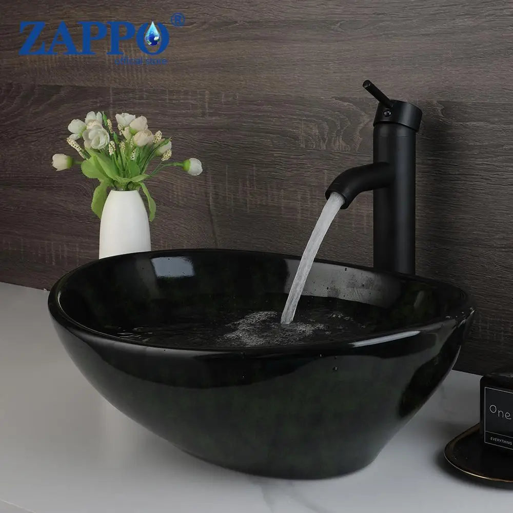 ZAPPO Marbling Rectangle Vessel Sink with Faucet Drain Ceramic Vessel Sinks Oval Bathroom Sink Bowl Above Counter with Mixer Tap