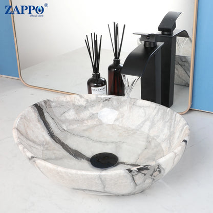 ZAPPO Marbling Rectangle Vessel Sink with Faucet Drain Ceramic Vessel Sinks Oval Bathroom Sink Bowl Above Counter with Mixer Tap