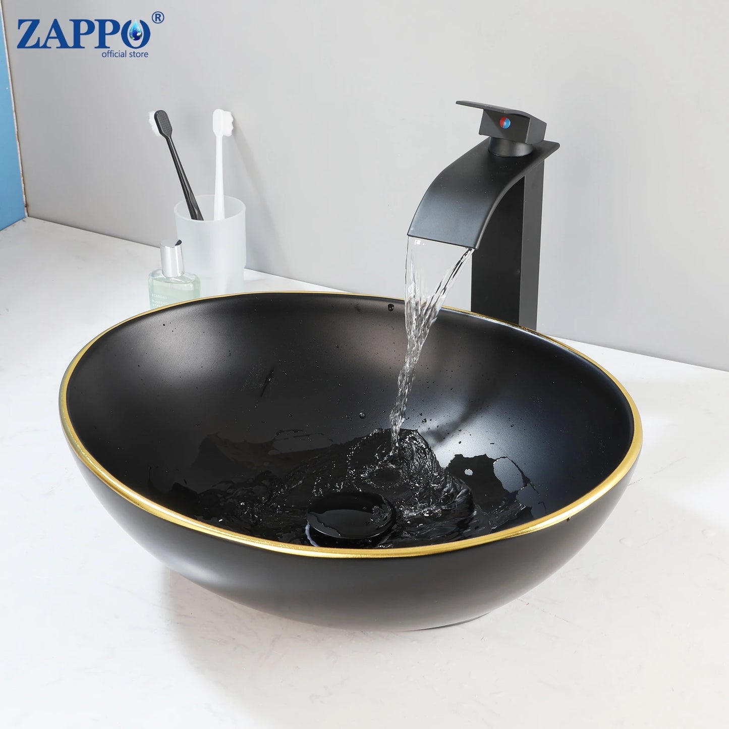 ZAPPO Marbling Rectangle Vessel Sink with Faucet Drain Ceramic Vessel Sinks Oval Bathroom Sink Bowl Above Counter with Mixer Tap