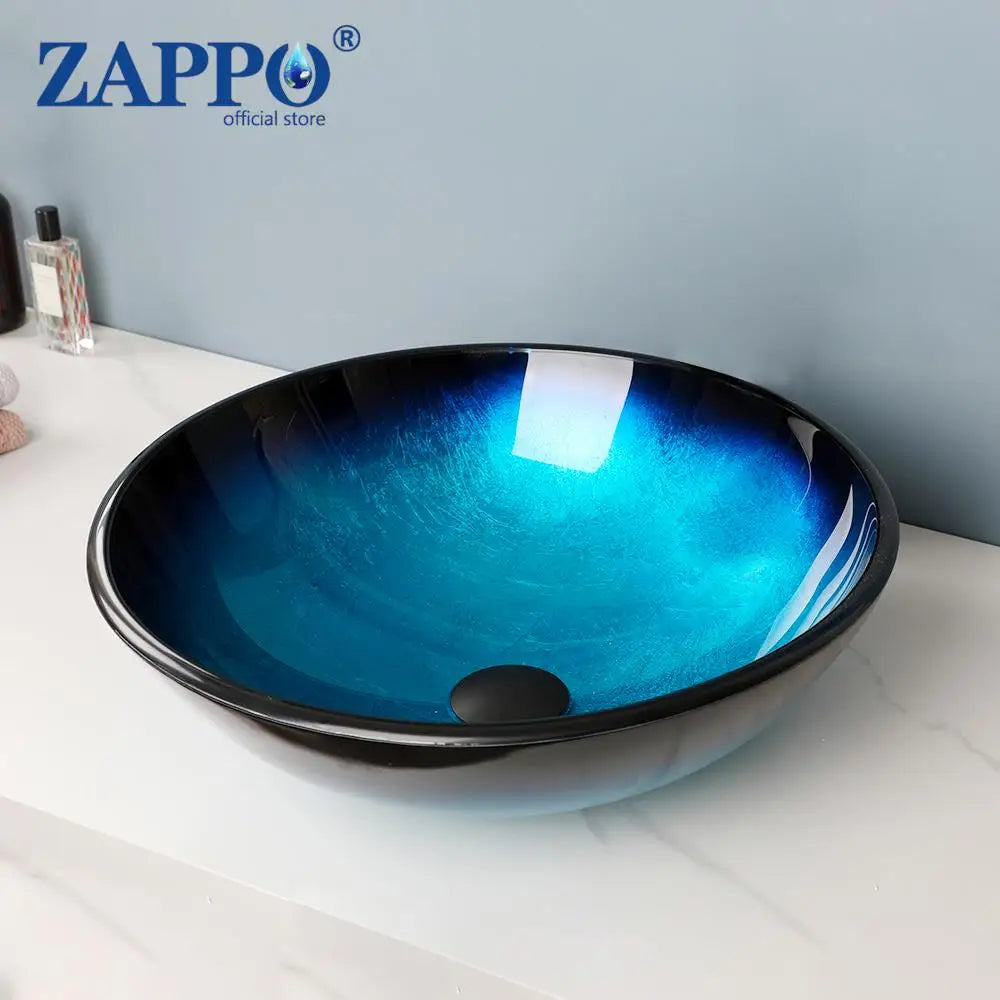 ZAPPO Tempered Glass Bathroom Vessel Sink with Waterfall Black Faucet Tap Bathroom Oval Blue Vessel Sinks Above Counter Basin