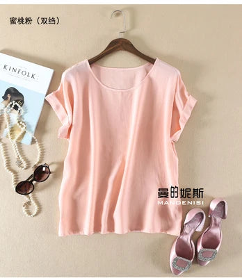 Summer New Arrive High Quality 100% Mulberry Silk Office Lady Blouse Short Sleeved