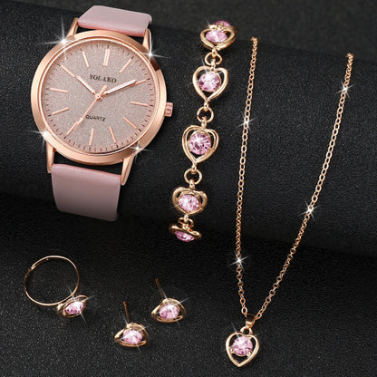 Women's Watch Fashion Matte Dial Casual Leather Band Quartz Watch with Diamond Heart Jewelry Set（Without Box）