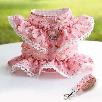 Dog Cat Harness Leash Set Adjustable Lace Floral Printed Pet Harness Vest Cute Dog Clothes Puppy Mesh Harness Dog Accessories