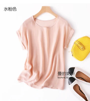 Summer New Arrive High Quality 100% Mulberry Silk Office Lady Blouse Short Sleeved