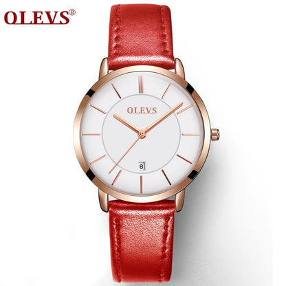 OLEVS Women Watch Red Casual Leather Ladies Watches Luxury Quartz Female Wristwatches Brand Clock Ultra Thin Surface 6.5MM5869