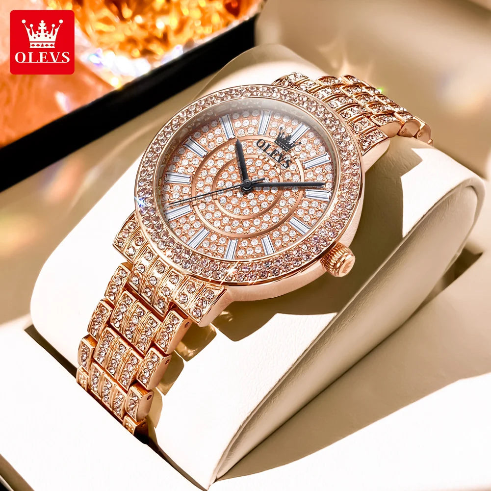 OLEVS Top Original Brand Women's Watches Elegant Luxury Full Diamond Quartz Watch for Lady's Waterproof Silver Female Wristwatch