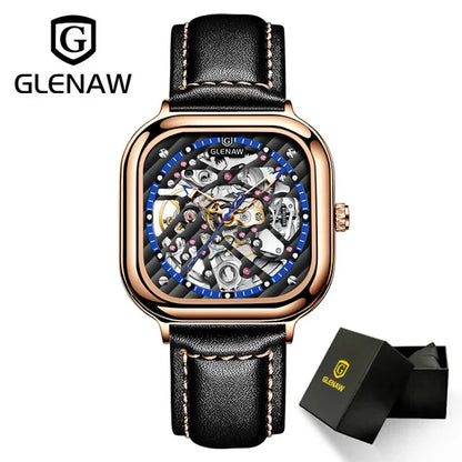 GLENAW Mechanical Watch for Men Breathable Leatherstainless Steel Automatic Skeleton Mens Watches Top Brand Luxury Reloj Hombre