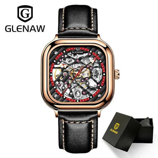 GLENAW Mechanical Watch for Men Breathable Leatherstainless Steel Automatic Skeleton Mens Watches Top Brand Luxury Reloj Hombre